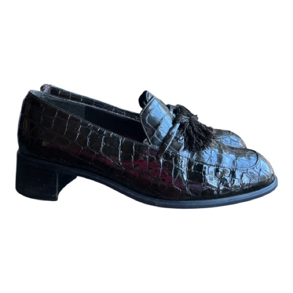 Stuart Weitzman Tassel LoafersWomen’s 7.5 BrownCroc Embossed Leather Block Heel - Picture 9 of 17